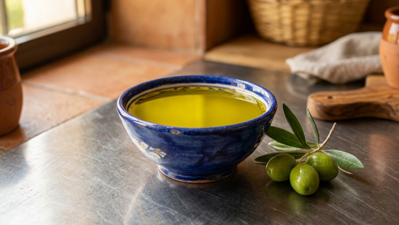 Cuenco azul de cata con aceite de oliva virgen extra recién extraído