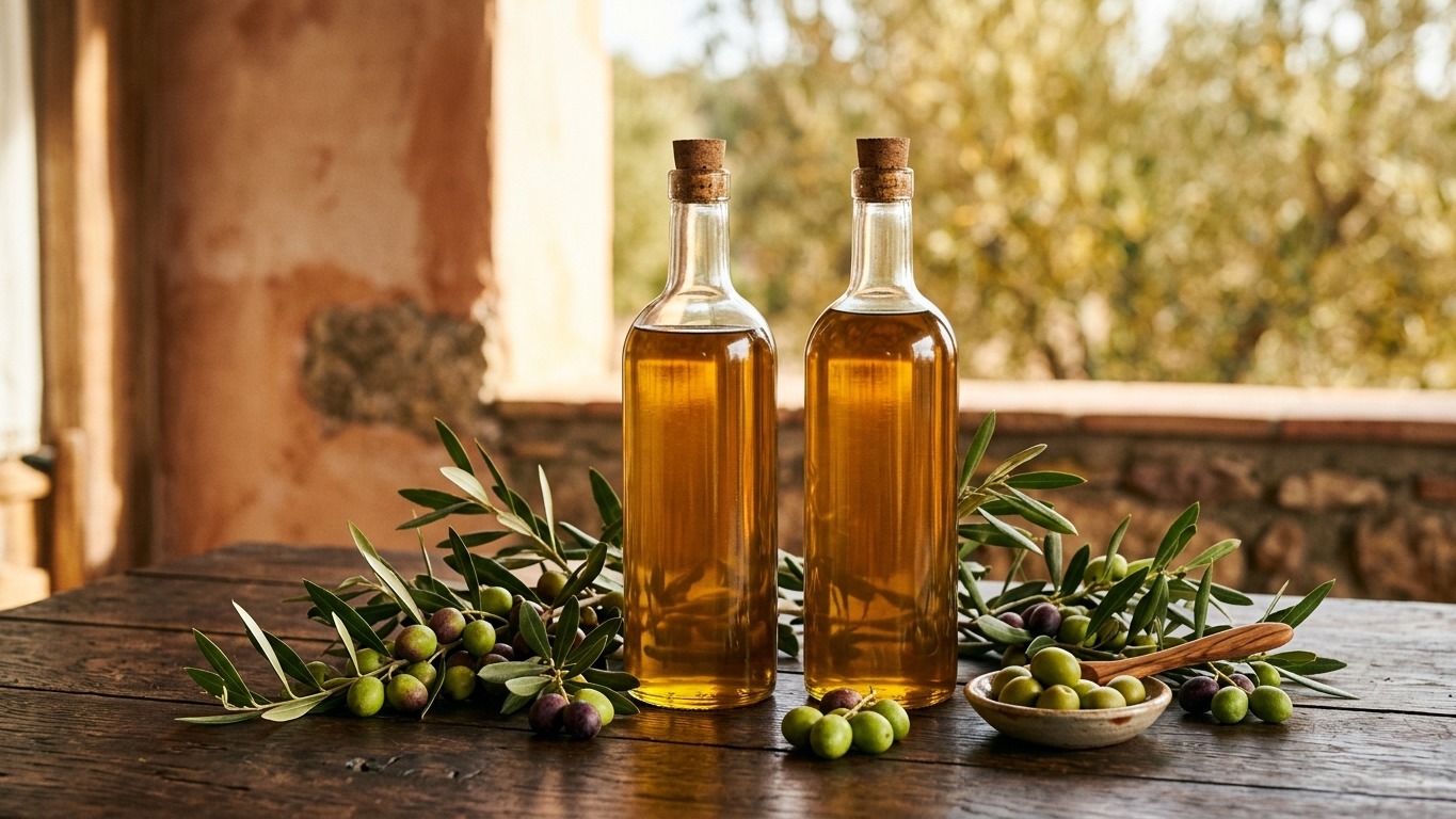 Botellas de aceite de oliva virgen extra Balcón del Sur con ramas de olivo